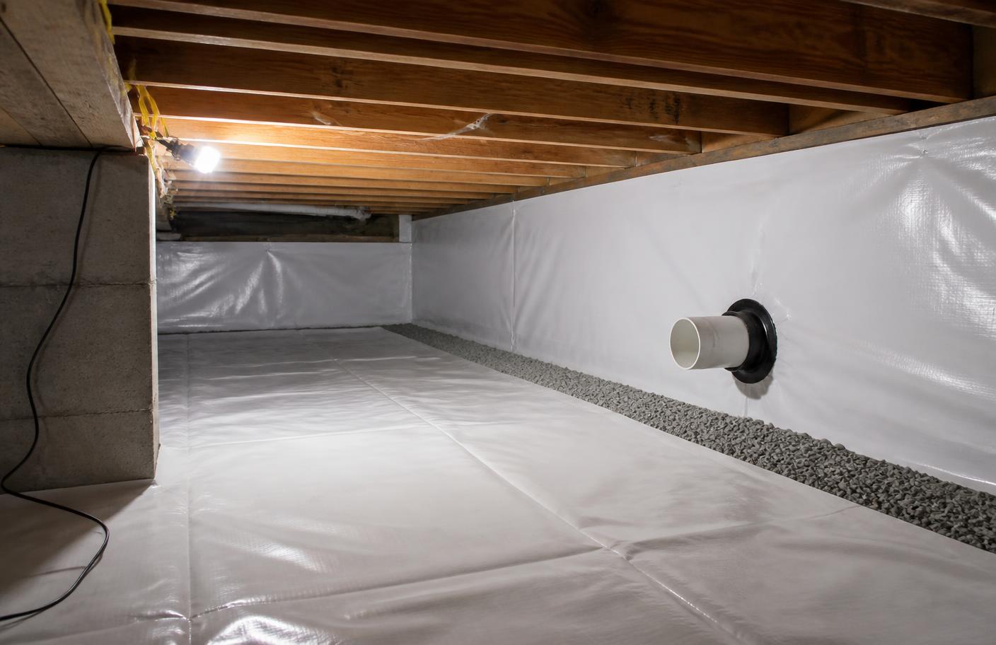 Crawl space with sealed vapor barrier membrane and a sub-membrane depressurization pipe penetration